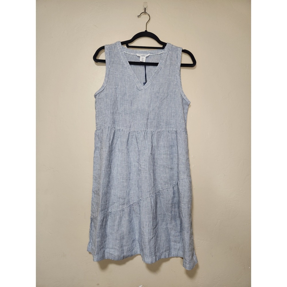 Lucky Brand Blue White Striped 100% Linen Sleeveless V-Neck Dress Womens Size S